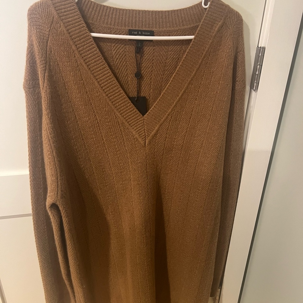Rag & Bone Brown Cashmere Herringbone V-Neck Sweater NWT)